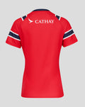 Red HKCR Away 15s replica rugby jersey back view with Cathay sponsor logo and navy white sleeve stripes