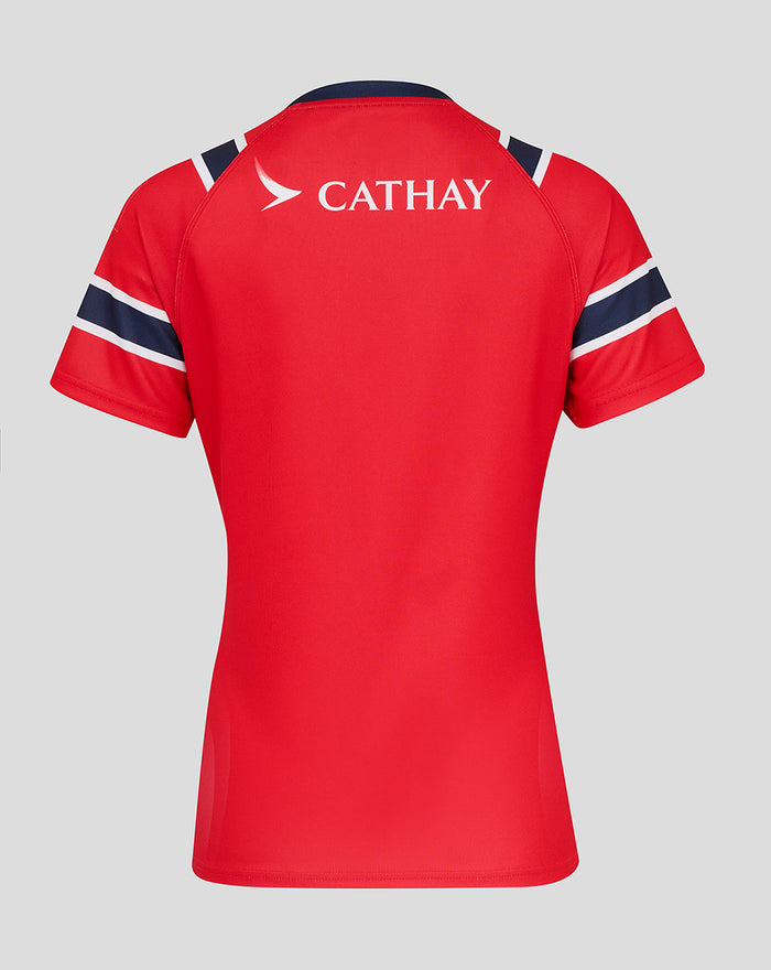 Red HKCR Away 15s replica rugby jersey back view with Cathay sponsor logo and navy white sleeve stripes
