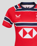 Front closeup of red HKCR Away 15s replica jersey with navy white stripes and HSBC diamond sponsor