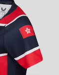Shoulder view of navy and red HK7s development replica jersey with a Hong Kong Sevens patch on the sleeve.