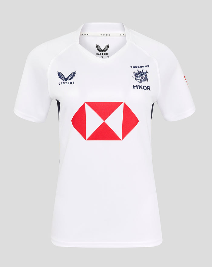 Back view of a white women's 7s away replica jersey with Cathay branding across the upper back and HKCR crest.