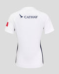 Back view of a white performance rugby jersey with Cathay branding across the upper back and navy side panels.