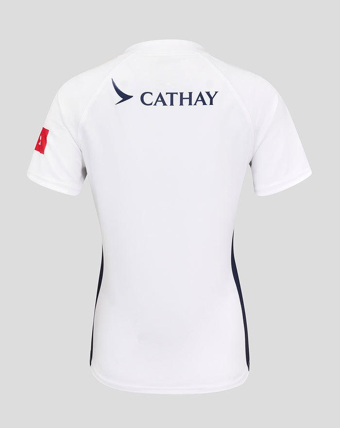 Back view of a white performance rugby jersey with Cathay branding across the upper back and navy side panels.