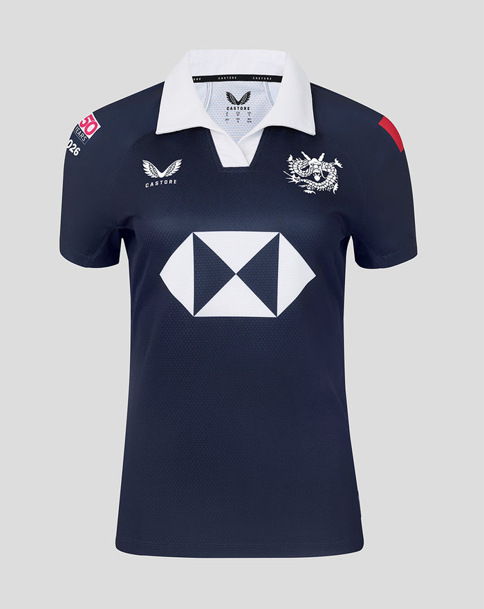 Navy Hong Kong China Rugby home replica jersey with white collar dragon crest and bold white sponsor logo across the chest