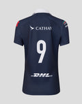 Back view of navy Hong Kong China Rugby Home Replica Jersey with white collar, large white number 9, Cathay logo across upper back and DHL at the lower back
