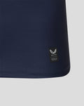 Close up of navy jersey sleeve showing a red crest patch with a white dragon emblem
