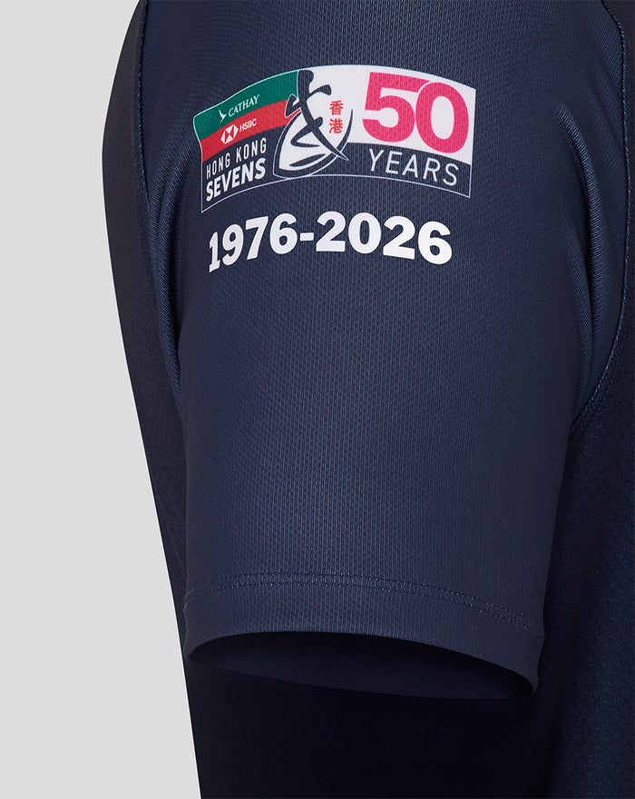 Navy Hong Kong Sevens home replica jersey with the 50 Years patch and dragon crest.