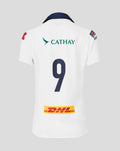 Back view of white HK7s away jersey with Cathay across upper back, navy number 9, DHL patch on lower back, and sleeve patch.