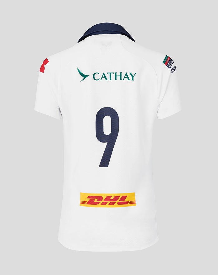 Back view of white HK7s away jersey with Cathay across upper back, navy number 9, DHL patch on lower back, and sleeve patch.