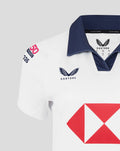 White Hong Kong China Rugby away replica jersey with navy polo collar, dragon crest on chest, and bold red diamond front graphic.