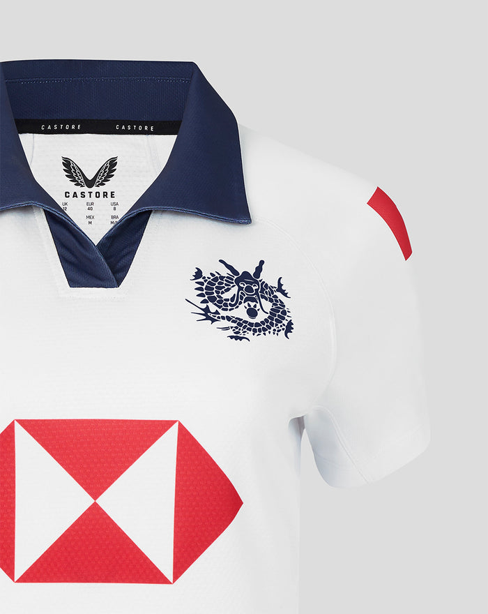 Back view of white HK7s away jersey showing large navy number 9 and DHL sponsor on lower back.