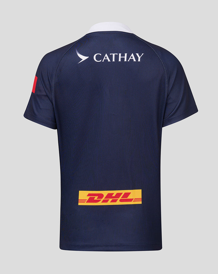 Back view of navy HKCR women's 2026/27 home replica jersey with Cathay logo across the upper back and DHL sponsor on lower back