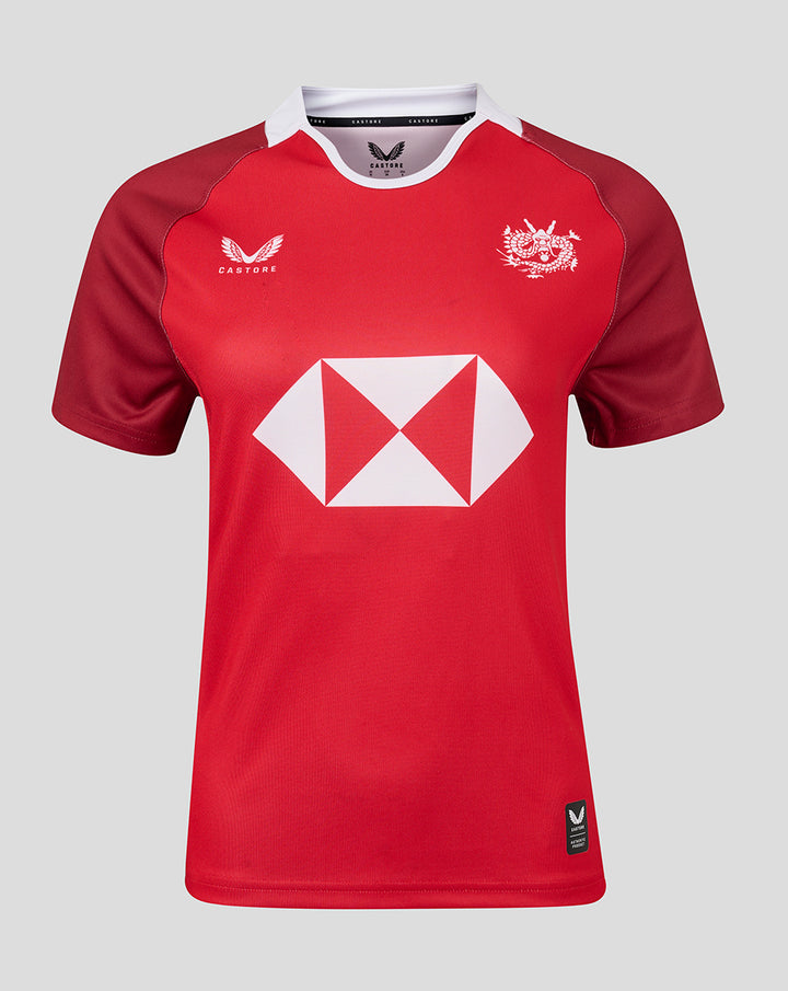 Red HKCR women's away jersey front with white collar trim Castore logo on left chest and large white diamond sponsor