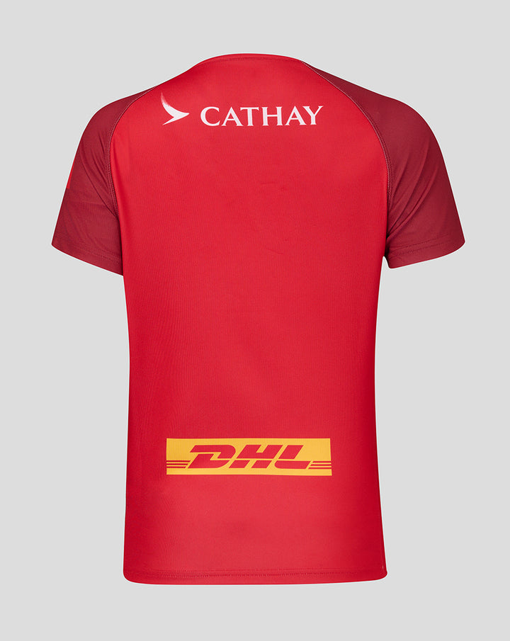 Back view of red HKCR women's away jersey with Cathay across the upper back and DHL sponsor on the lower back