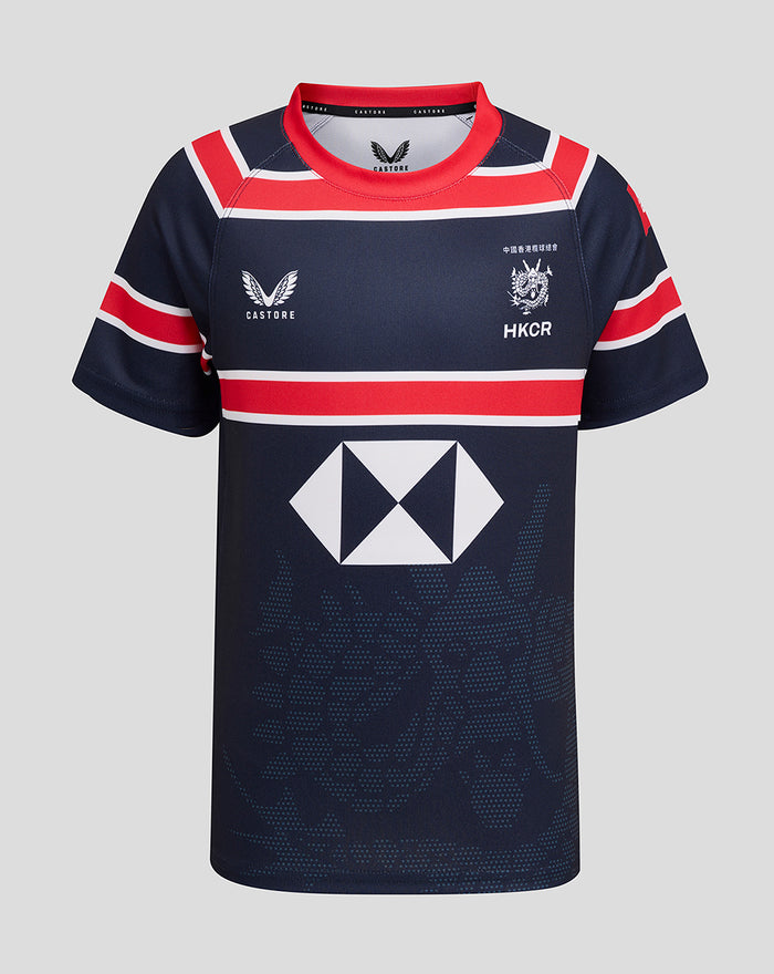Front view of HKCR Home 15s jersey in navy with red accents dragon watermark and large diamond sponsor logo
