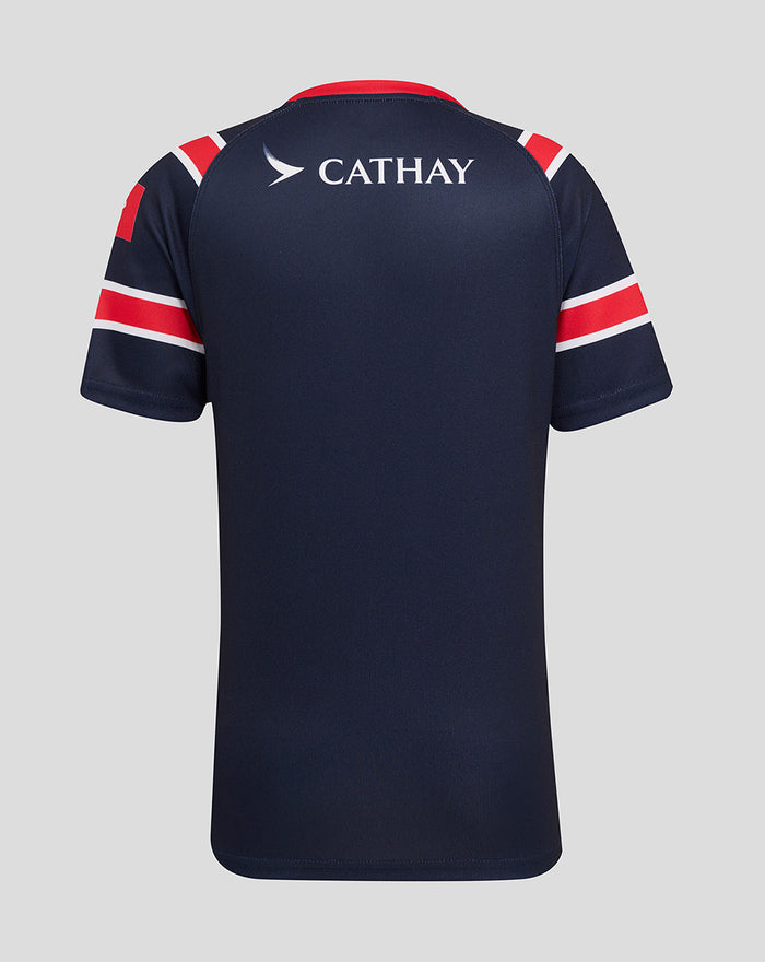 Back view of a navy HKCR Home 15s replica jersey with red collar and white red shoulder stripes, Cathay sponsor across the upper back.