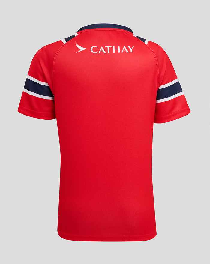 Back view of red HKCR away replica rugby jersey with Cathay sponsor across the upper back