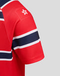 Sleeve and shoulder view of HKCR Away jersey with red fabric navy stripes and small white crest on the shoulder