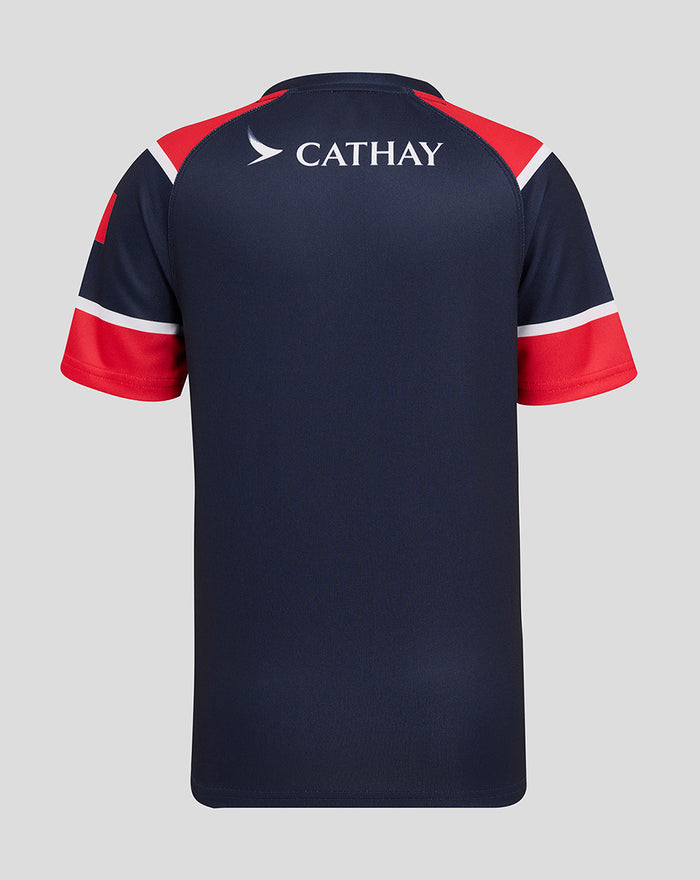 Back view of a navy HK 7s development replica jersey with red shoulder panels white trim and a Cathay sponsor logo