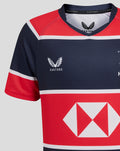 Front close-up of navy and red HK 7s jersey with Castore branding and HKCR crest and HSBC diamond