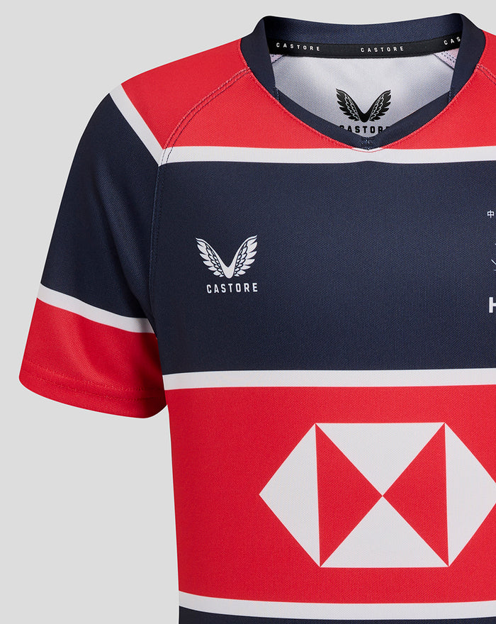Front close-up of navy and red HK 7s jersey with Castore branding and HKCR crest and HSBC diamond