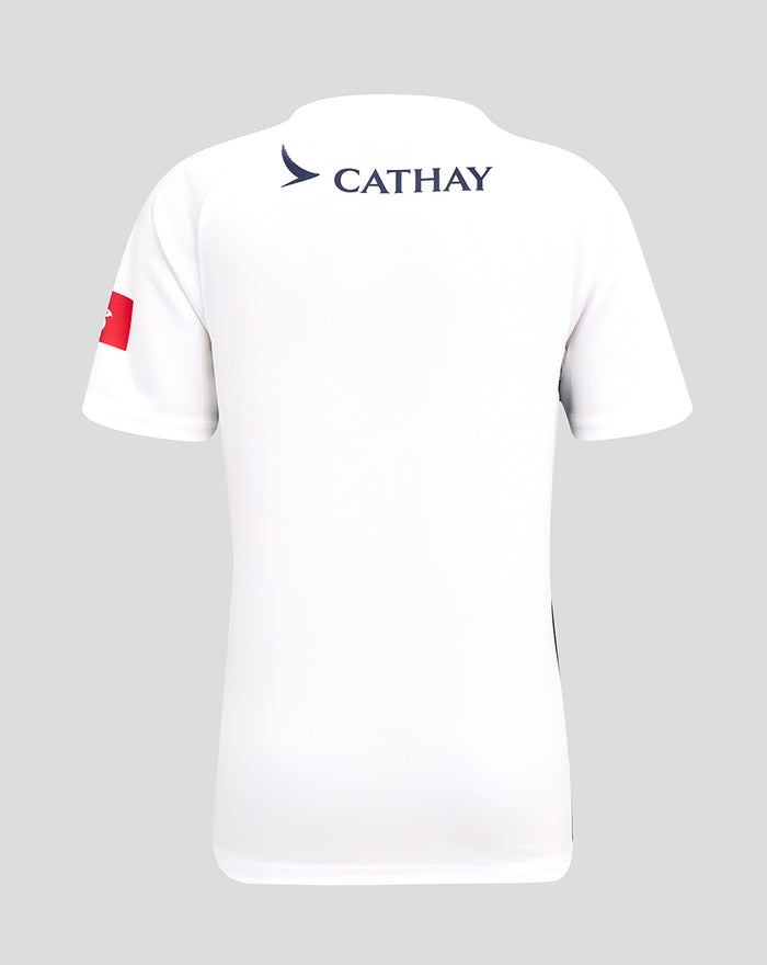 Back view of white junior away replica rugby jersey with Cathay logo across the upper back and a red sponsor patch on the left sleeve.