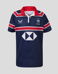 Front view of HKCR Home 15s Traditional rugby jersey in navy with red collar and striped sleeves Castore logo and HKCR crest.