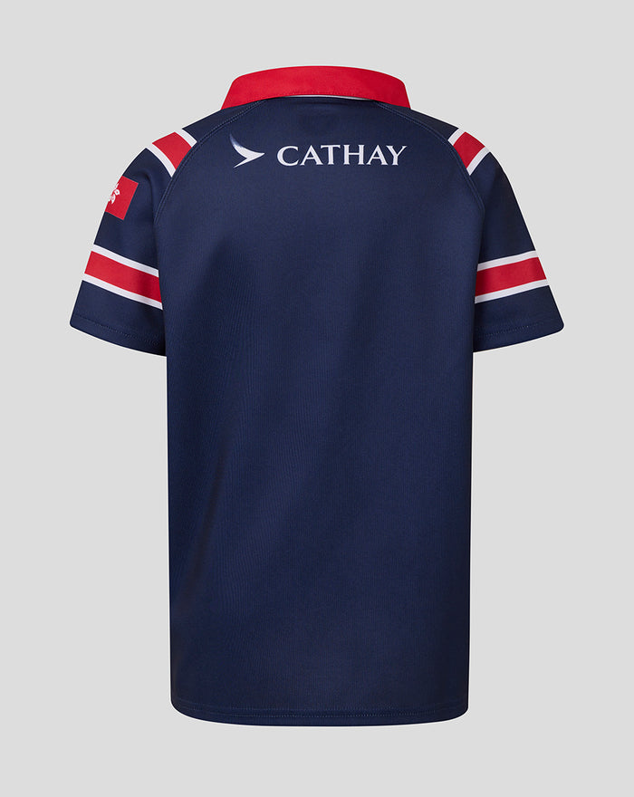Back view of navy HKCR Home jersey with Cathay branding across the upper back and a red collar