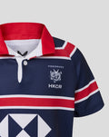 Front close-up of HKCR Home 15s Traditional jersey navy fabric red collar white trim crest and dragon watermark