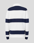 Back view of a navy and white horizontal striped rugby jersey with a white collar.