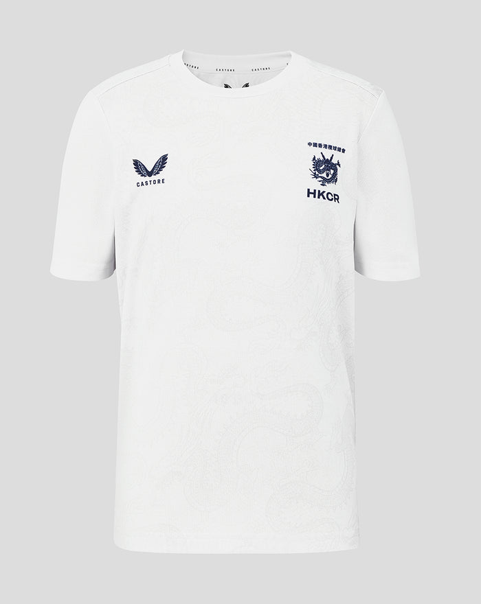 Front view of white HKCR graphic training tee with subtle tonal pattern and Castore logo.