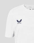 Close-up of white training tee chest featuring Castore logo and HKCR crest.