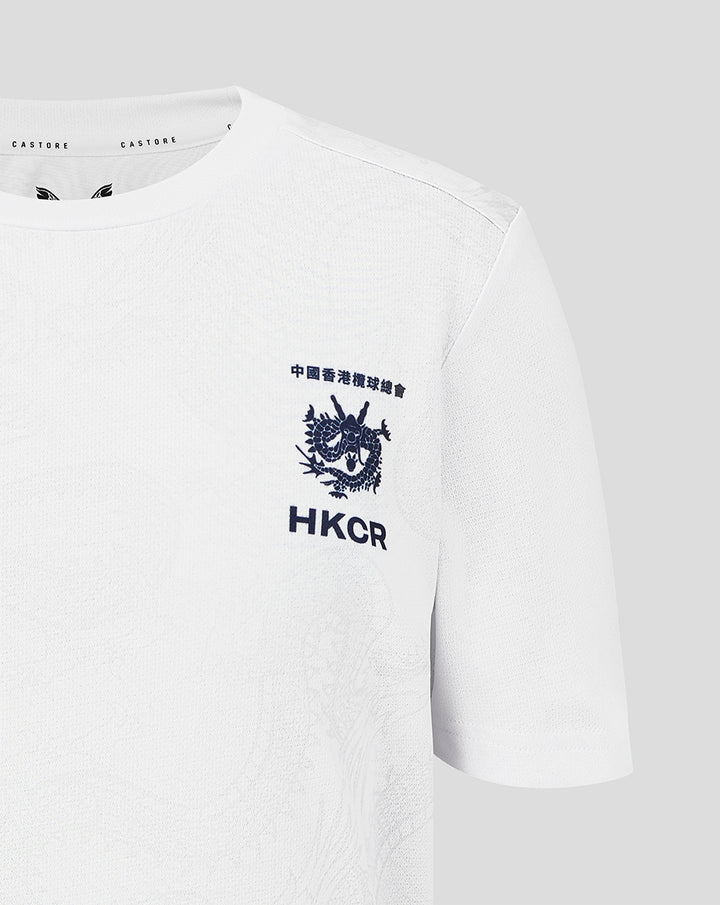 Close up of white graphic training tee chest with HKCR crest and Castore branding