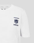 Close up of white graphic training tee chest with HKCR crest and Castore branding