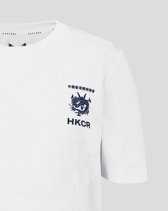 Close up of white graphic training tee chest with HKCR crest and Castore branding