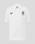Front view of white graphic training polo with HKCR crest and Castore logo on chest