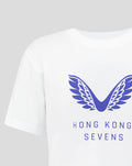 Close up of the blue wing graphic and Hong Kong Sevens text on a white Junior Big Wings T Shirt