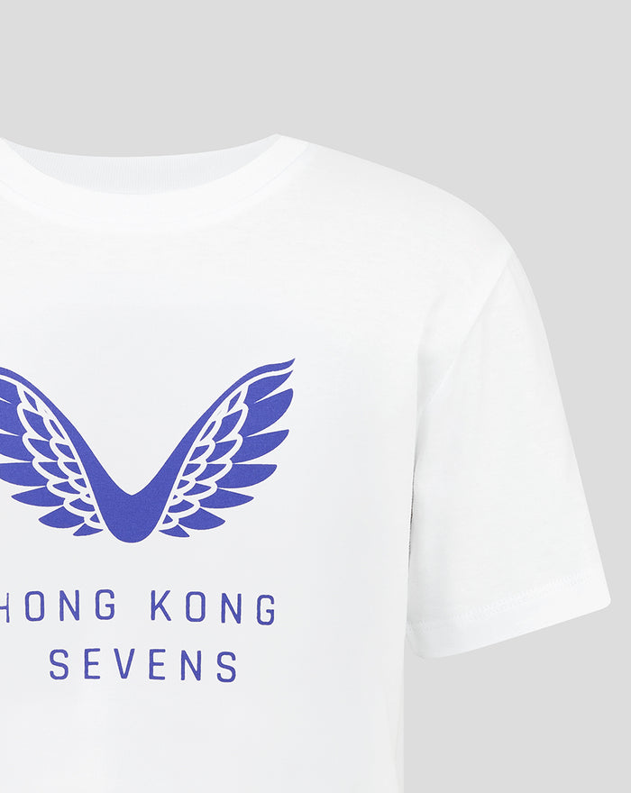 White junior T shirt with blue oversized wing graphic and Hong Kong Sevens text