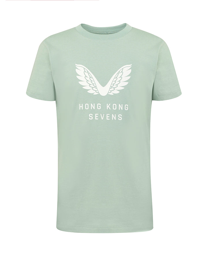 Aloe green junior Big Wings T shirt with white wing logo and Hong Kong Sevens text