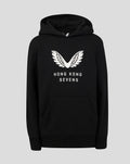 Front view of Junior HK7s Big Wings Hoodie in black with a white wings logo and Hong Kong Sevens text