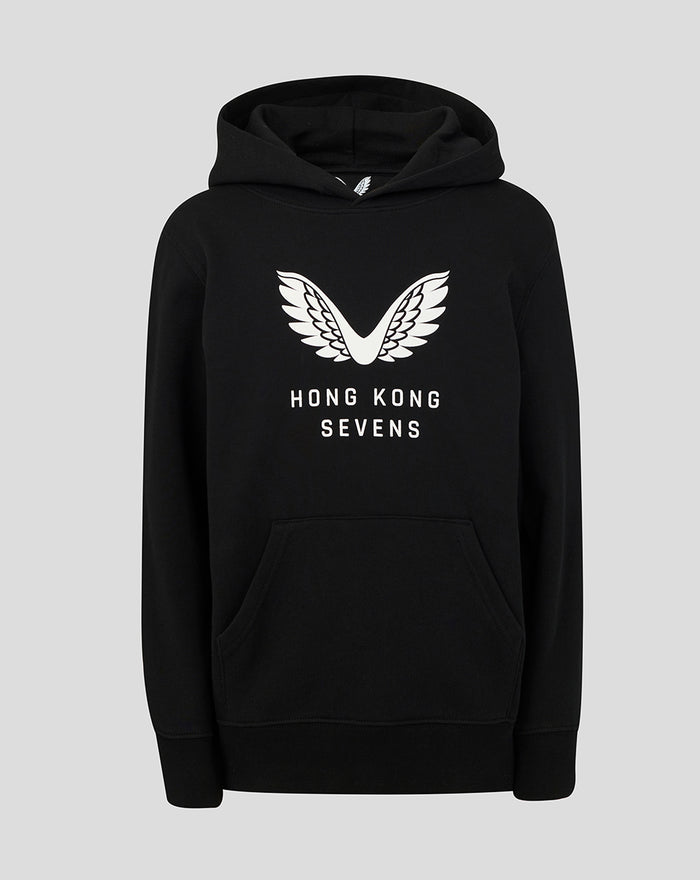 Front view of Junior HK7s Big Wings Hoodie in black with a white wings logo and Hong Kong Sevens text
