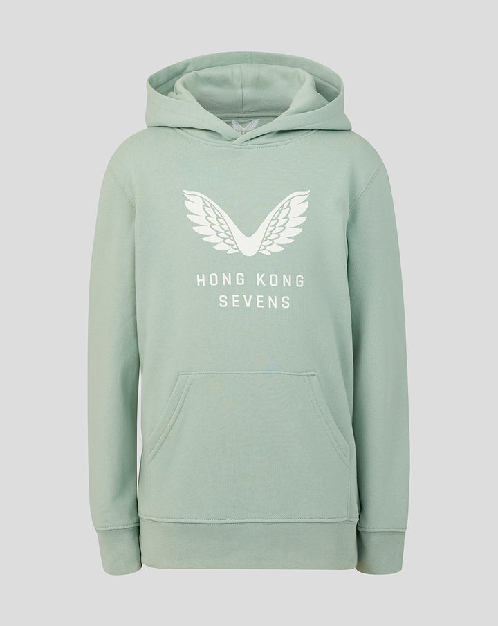 Front view of Aloe Junior Big Wings Hoodie in fresh green with white wings logo and Hong Kong Sevens text