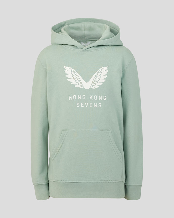 Front view of Aloe Junior Big Wings Hoodie in fresh green with white wings logo and Hong Kong Sevens text