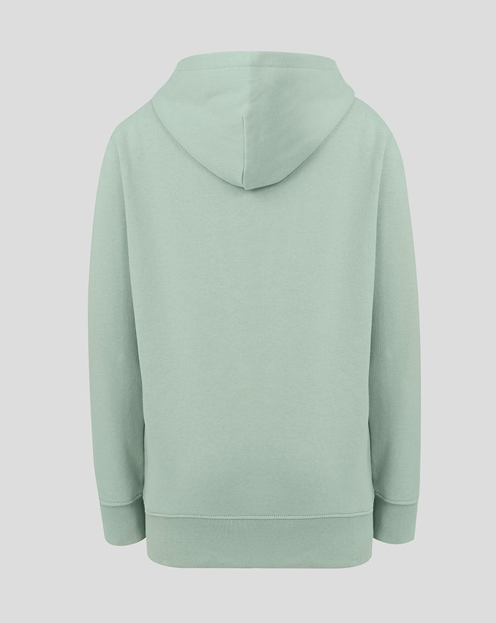 Back view of light green junior Big Wings Hoodie with hood and ribbed hem.
