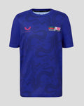 Deep blue graphic training tee with tonal dragon pattern and a Hong Kong Sevens 50 Years badge.