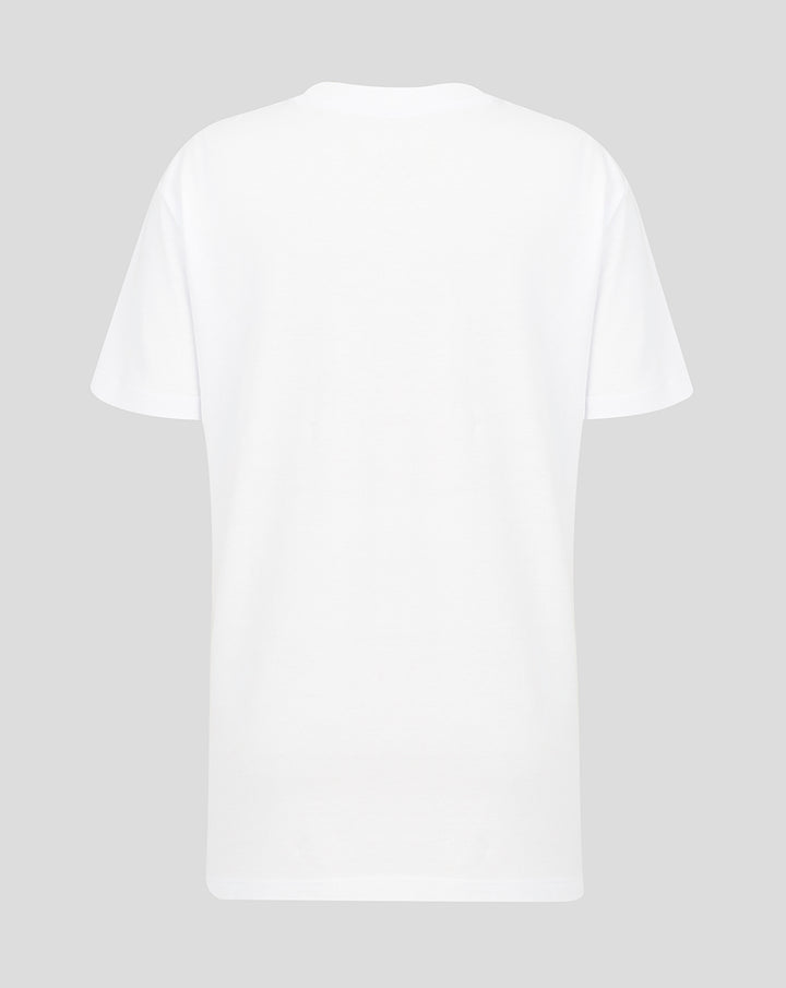 Back view of white Junior HK7s Retro T-Shirt with plain fabric and short sleeves