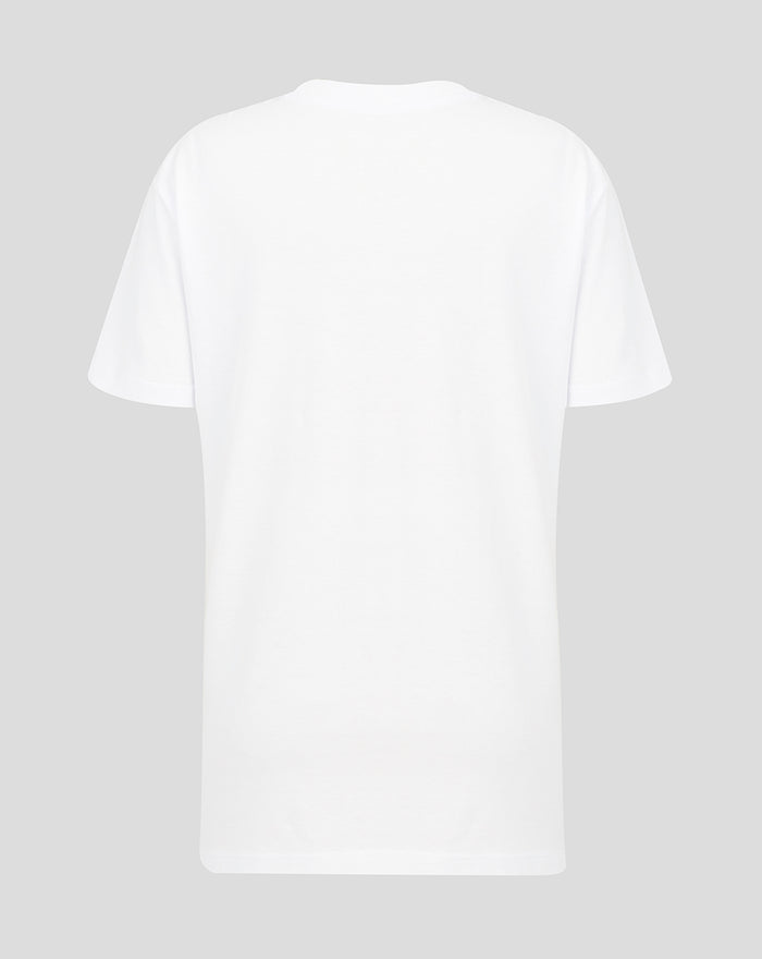 Back view of white Junior HK7s Retro T-Shirt with plain fabric and short sleeves