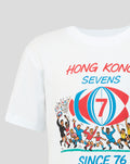 White Junior HK7s Retro T-Shirt featuring a bright retro illustration of players around a globe and Hong Kong Sevens text