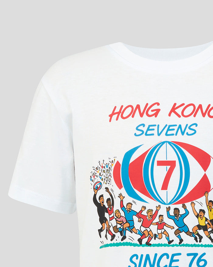 White Junior HK7s Retro T-Shirt featuring a bright retro illustration of players around a globe and Hong Kong Sevens text