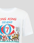 Close-up of front print on white Junior HK7s Retro T-Shirt showing Hong Kong Sevens text and a colorful globe with the number seven